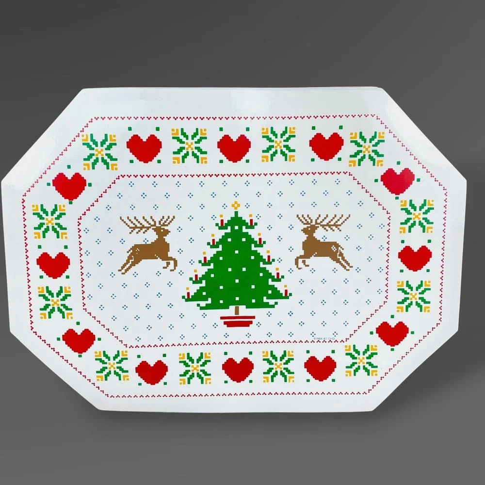 Christmas Pixel Vinyl Placemats Set of 8 Reindeer Tree 1984 Vintage